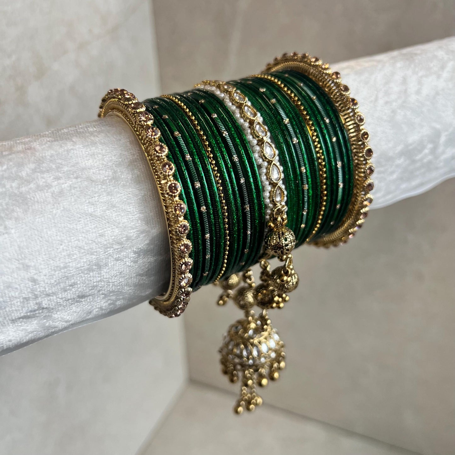 Midi Green Jhumka Bangle Set - Both Arms 2.8/ Bridal Green Bangle Set/ Antique Gold Faux Kundan Kada & Jhumka Bangle Set/Bridal Jewellery