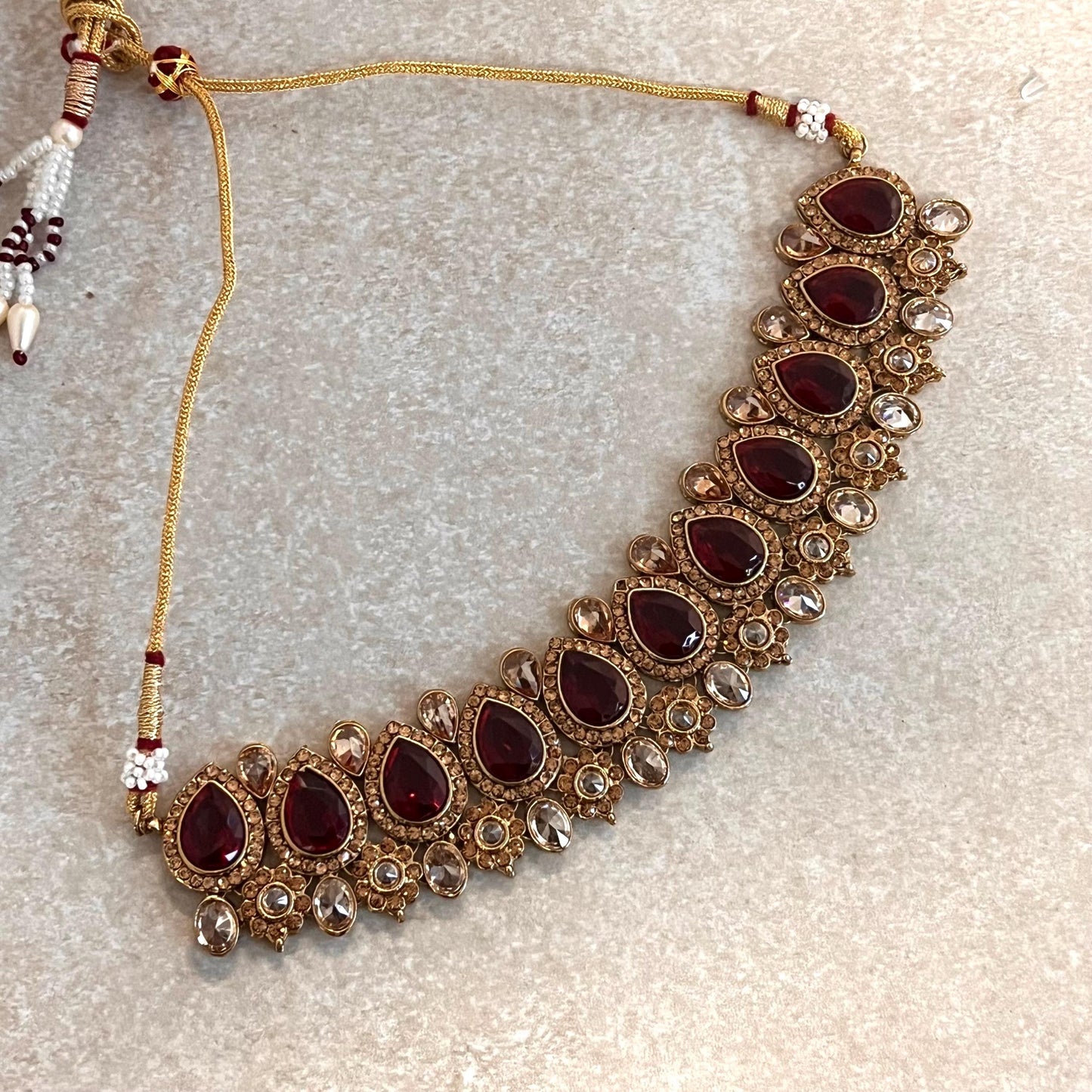 Maroon Choker only Antique Gold Champagne Crystal Rhinestone 1 inch High Quality