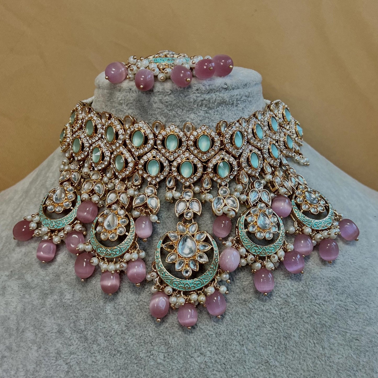 Pastels Faux Kundan Full Bridal Set/Mint & Pink Kundan Choker Set/Faux Kundan Jewellery/ Indian/ Pakistani Style/Bridal Jewellery