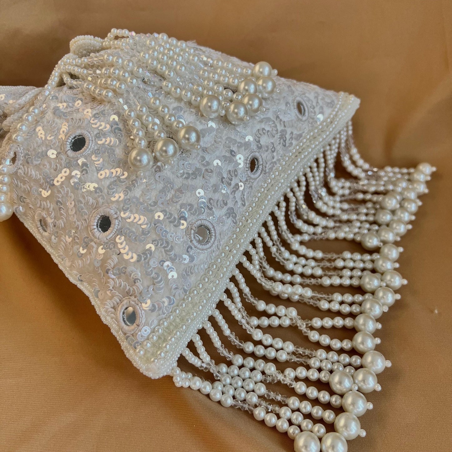 White Mirror Beaded Tasseled Potli Bags/Indian Handmade Traditional Phulkari Potli Bags/Modern Ethnic Mirror Work Potli Bags/White Bags