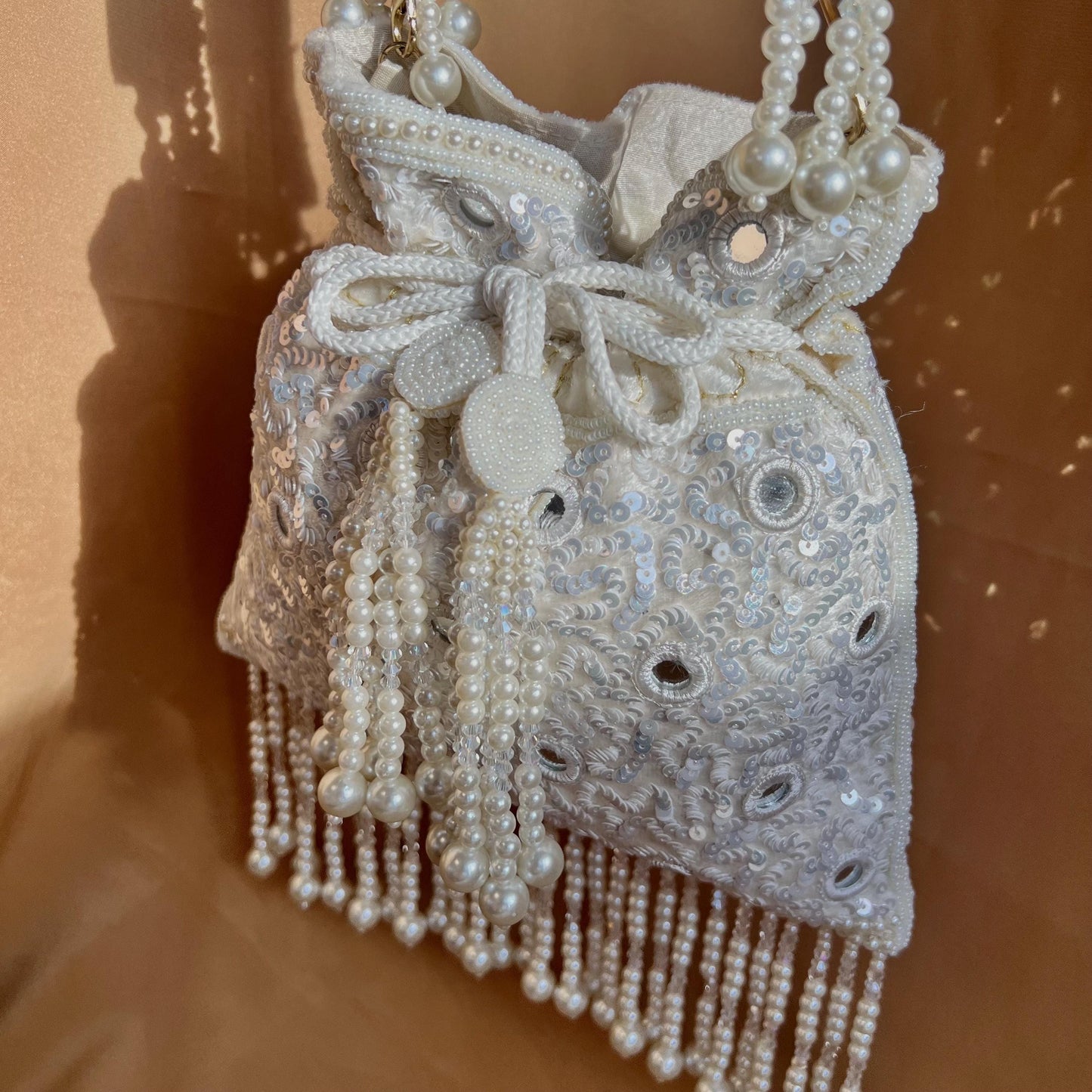 White Mirror Beaded Tasseled Potli Bags/Indian Handmade Traditional Phulkari Potli Bags/Modern Ethnic Mirror Work Potli Bags/White Bags