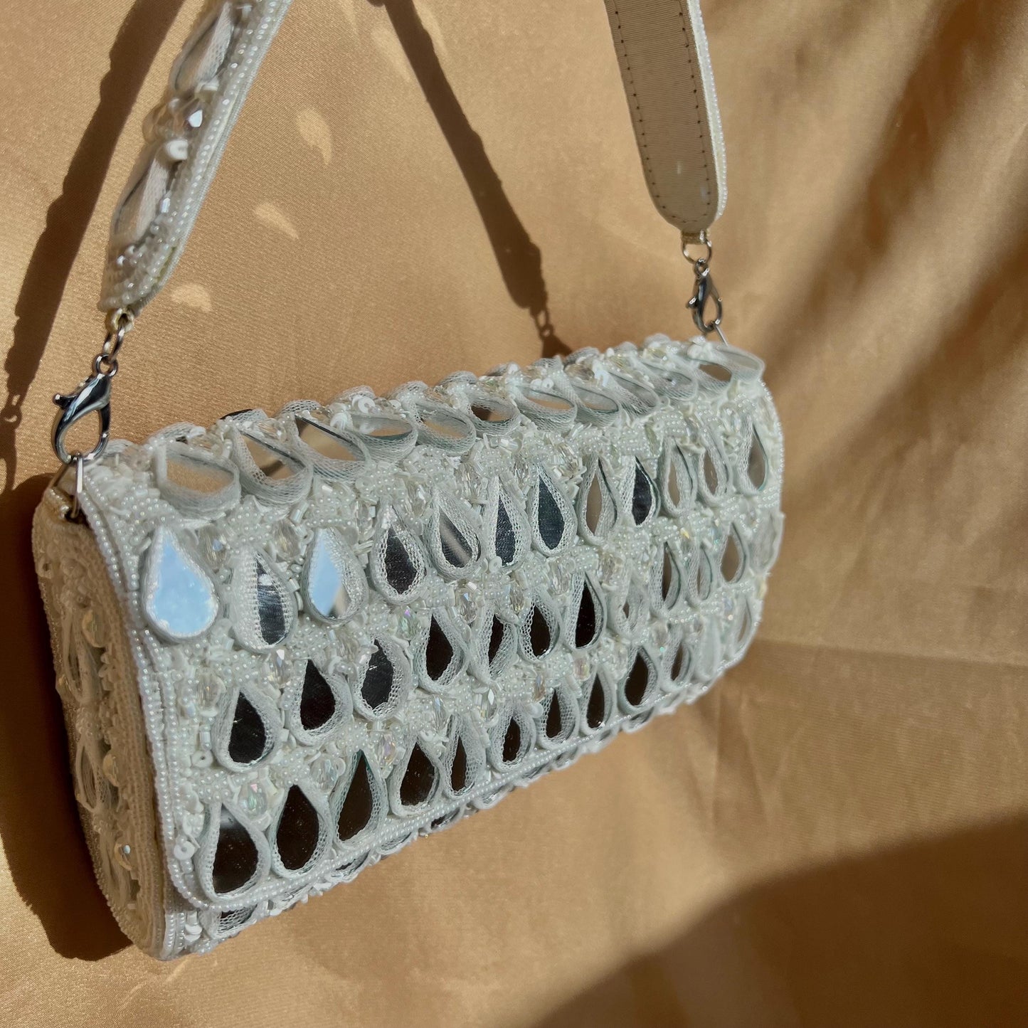 White Mirror Beaded Tasseled Potli Bags/Indian Handmade Traditional Phulkari Potli Bags/Modern Ethnic Mirror Work Potli Bags/White Bags