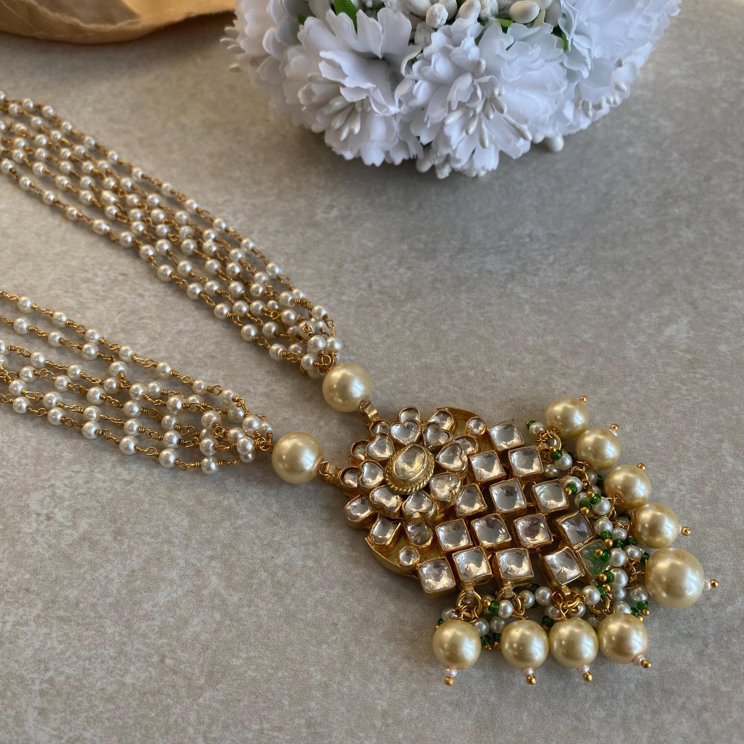 Green Real Kundan Pearl Bright Gold Long Necklace Mala Haar Unique Style Indian Pakistani Fashion Jewellery Gift for Women