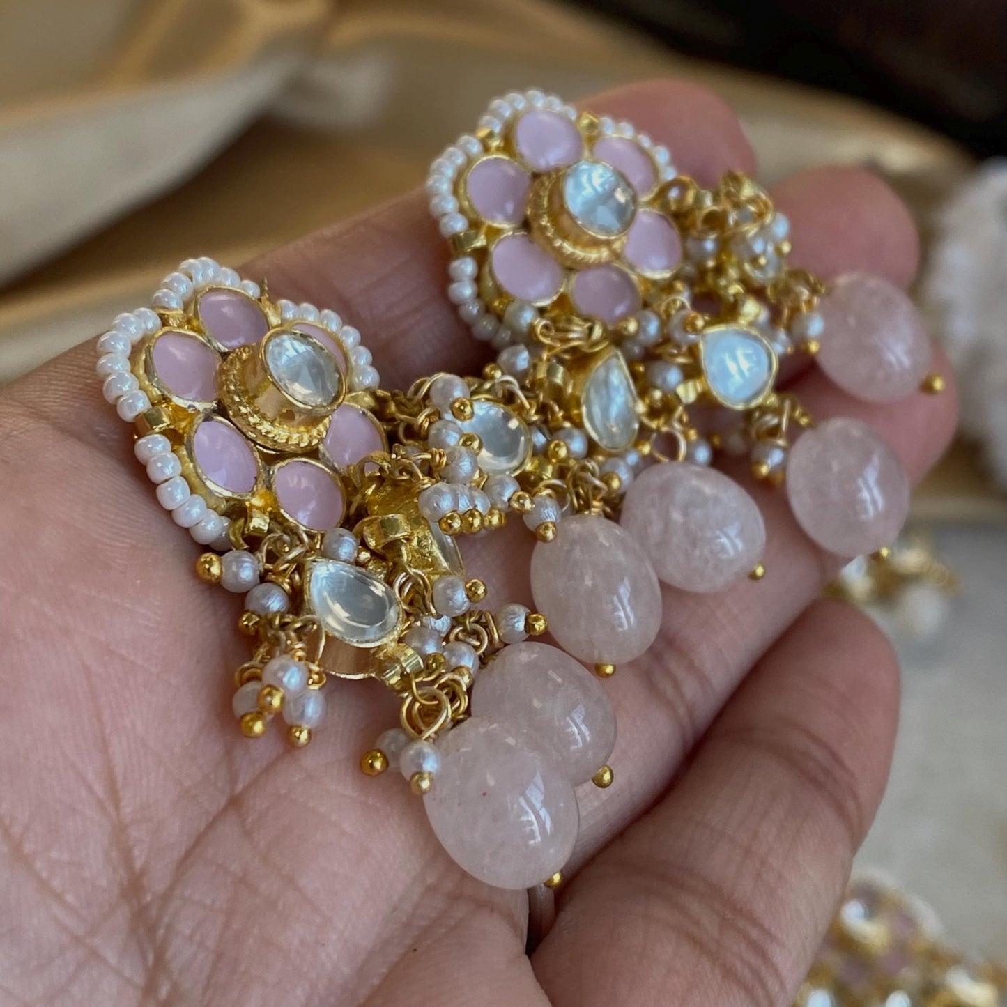 Kundan Pink Flower Stud Earrings with Small White Pearl Beads - Traditional Indian Jewelry