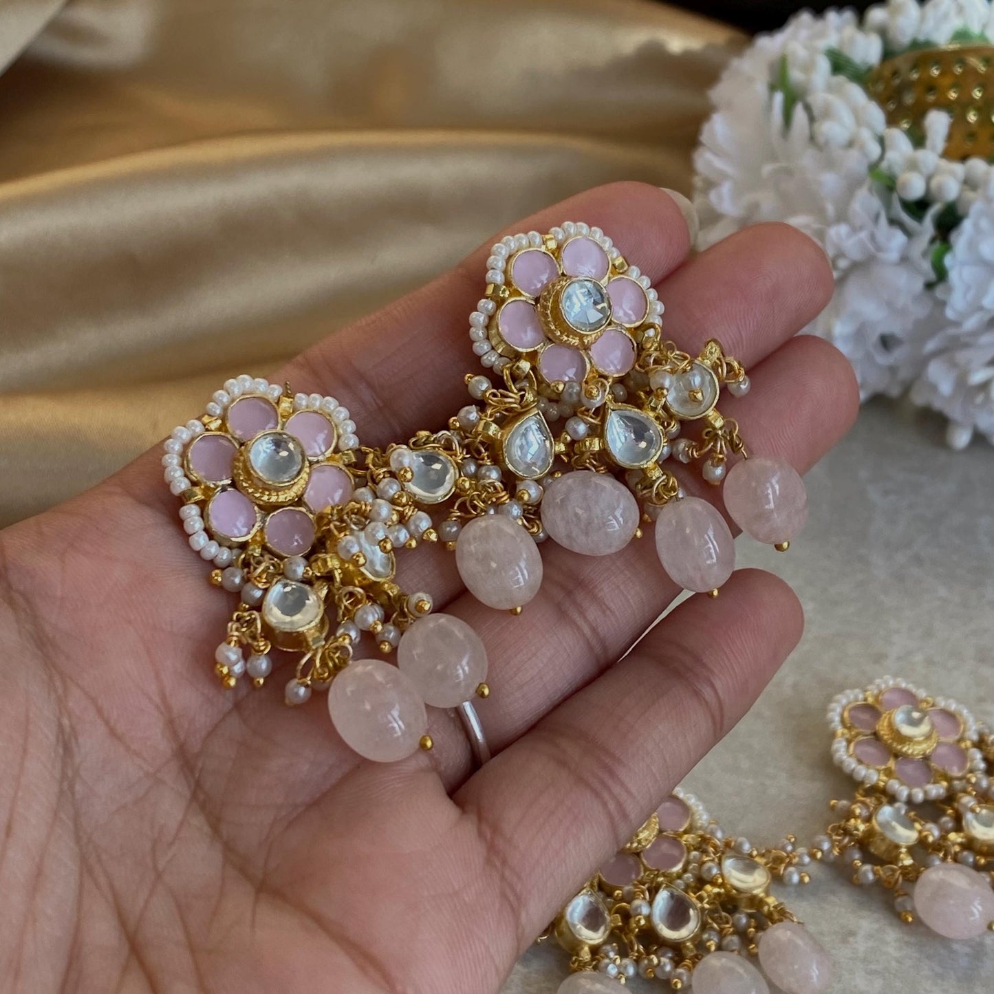 Kundan Pink Flower Stud Earrings with Small White Pearl Beads - Traditional Indian Jewelry