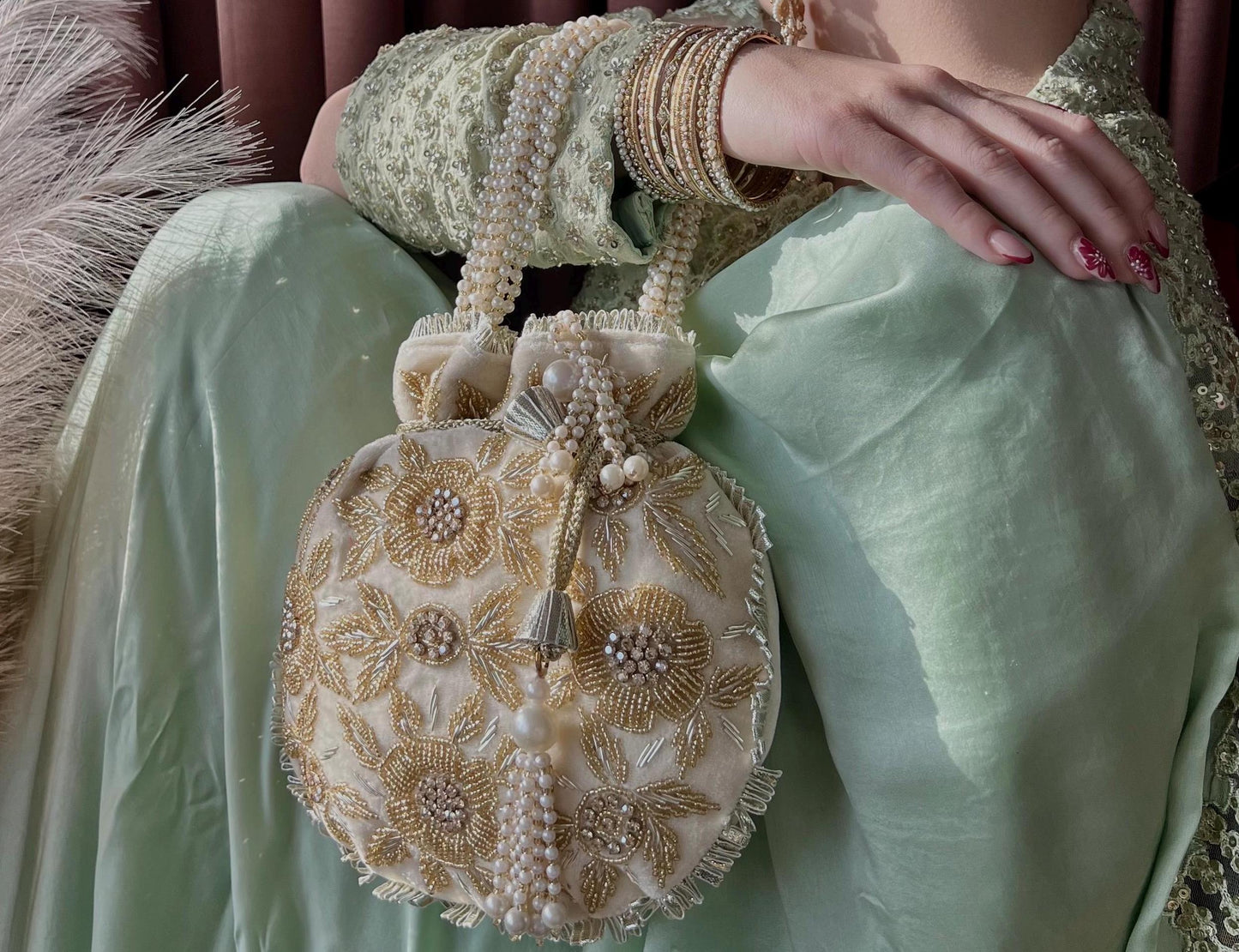 Cream Golden Floral Design Beaded Velvet Potli Bags/Indian Handmade Traditional Phulkari Potli Bags/Modern Ethnic Mirror Work Potli Bags