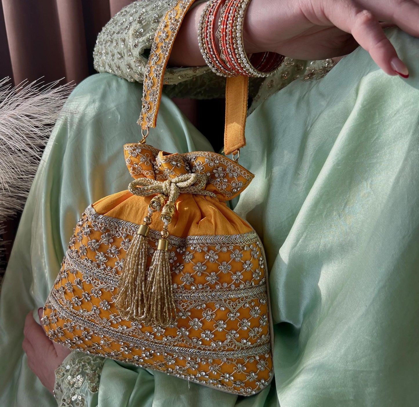 Yellow Silk Stonework Clear Potli Bags/Indian Handmade Traditional Phulkari Potli Bags/Modern Ethnic Mirror Work Potli Bags