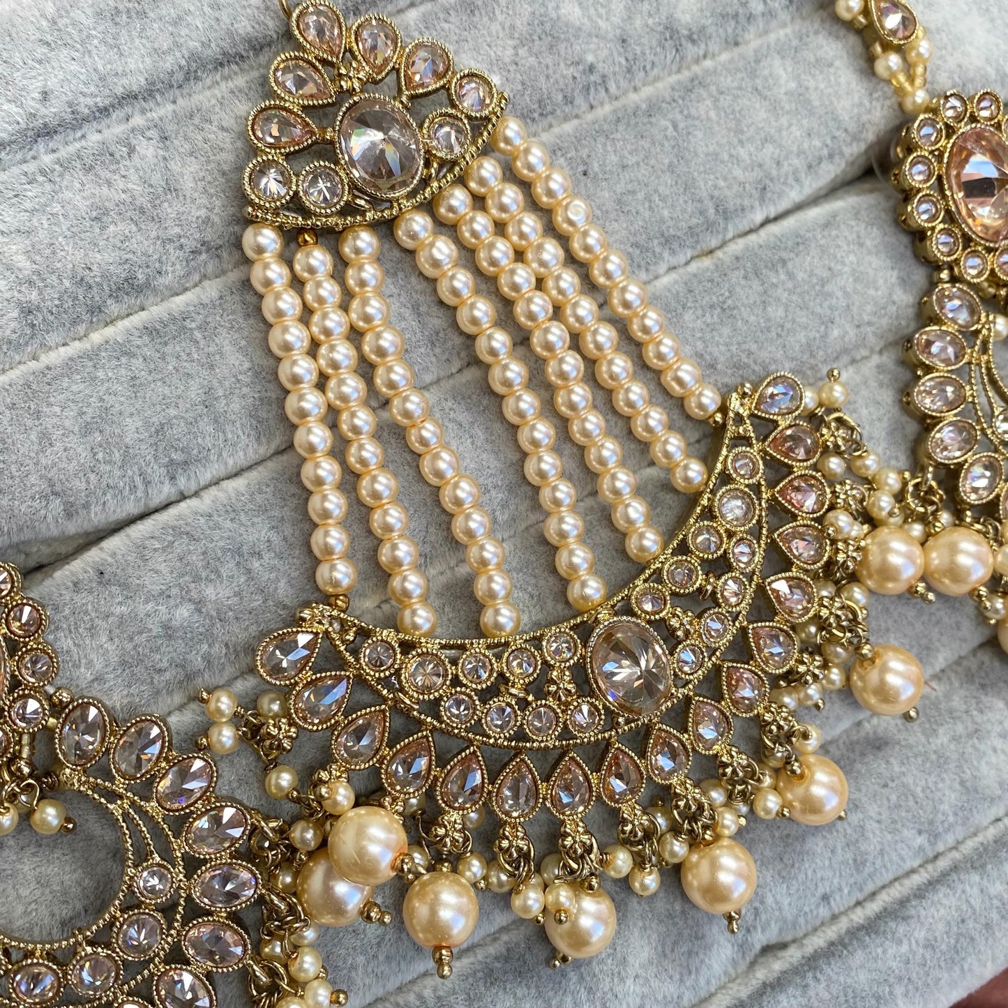 Pearl Gold Necklace Bridal Set Antique gold Champagne Crystals Jhumka Earring Tikka Jhumar Nose Ring Indian Pakistani Punjabi Style Wedding