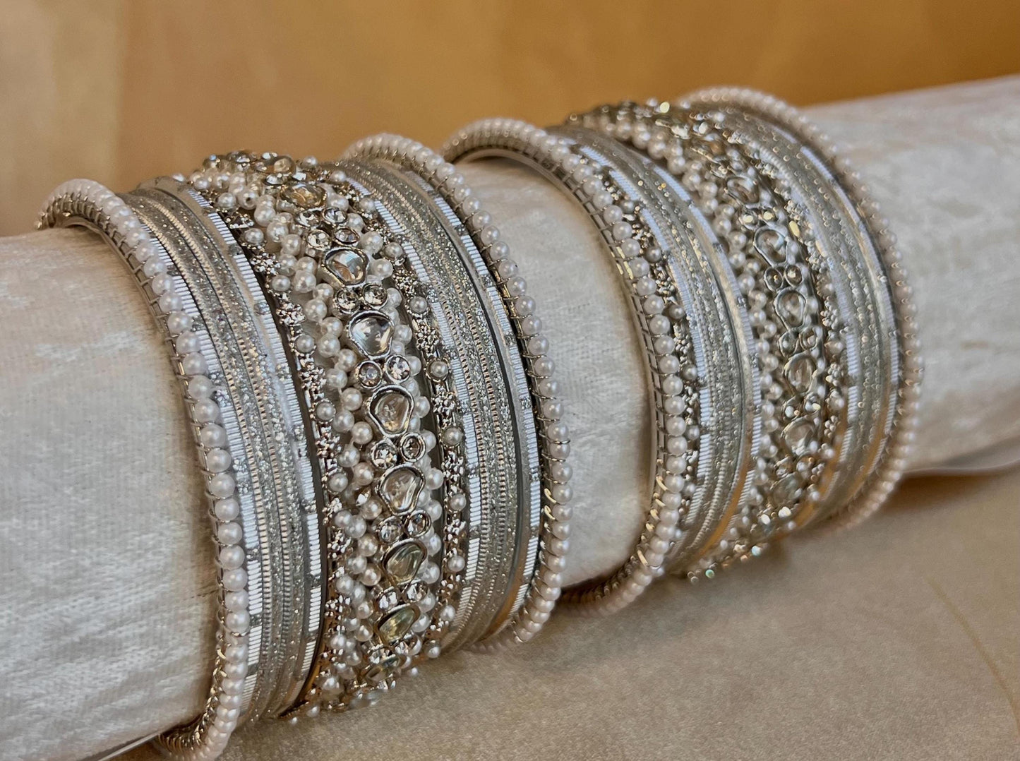 Bangle Roll Build Your Bangle Set - Silver Faux Kundan Pearl Collection/Indian/ Pakistani/Jewelley/ Fashion Bracelet/Bangle roll