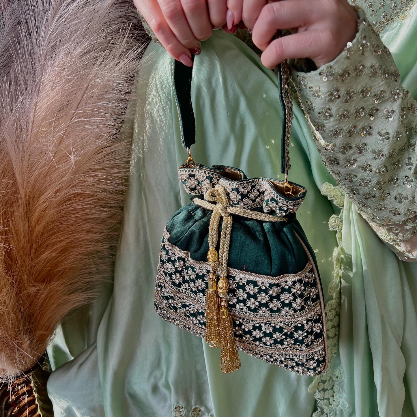 Sequin Detail Green Potli Bag/Indian Handmade Traditional Phulkari Potli Bags/Modern Ethnic Mirror Work Potli Bags/Red Bags