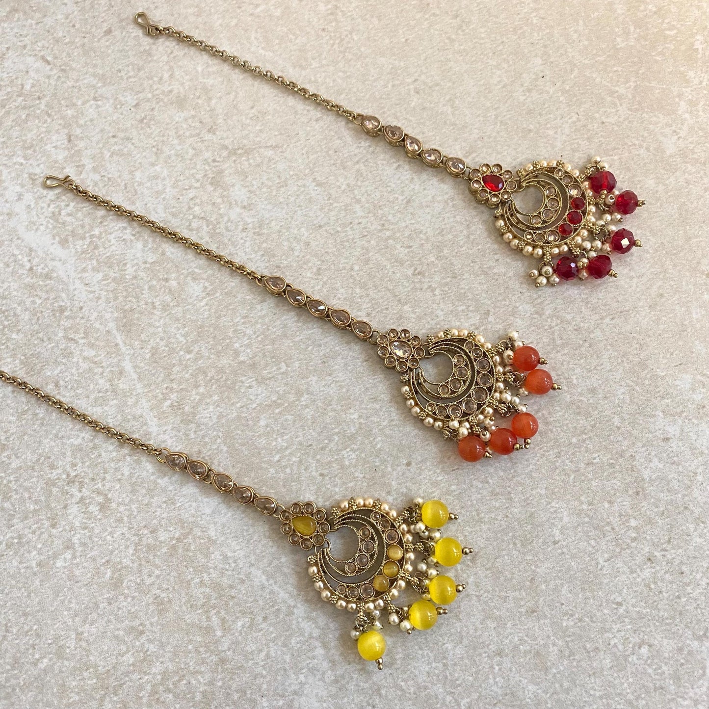 Crystal Pearl Tikka/ Tikli/ Indian/ Pakistani Fashion Jewellery/ Maang Tikkas/ Mix Colour/ White/ Maroon/ Navy/ Antique Gold/ Zircon Crystal