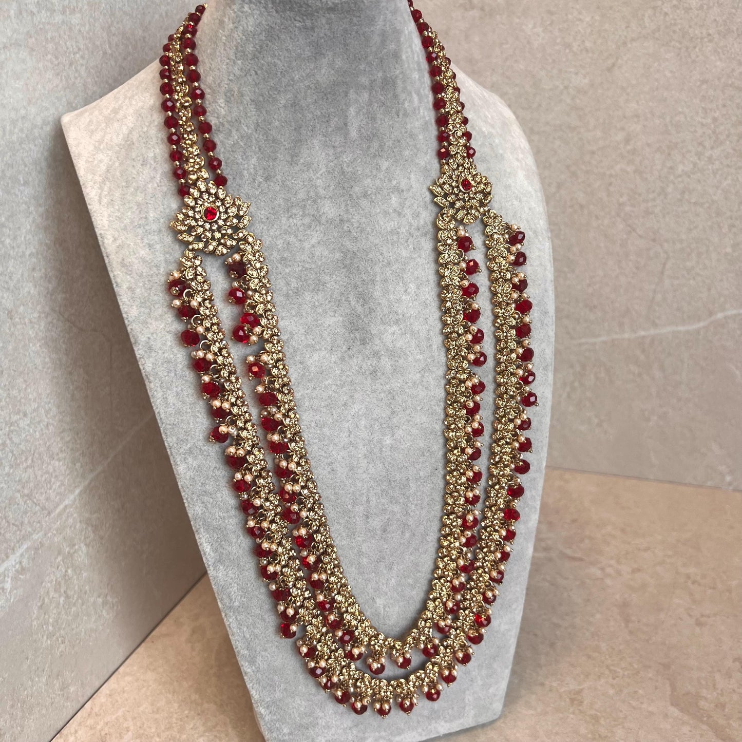 Bridal Maroon/Golden Long Mala/ Haar/ Long Necklace/ Unique Style/ Indian/ Pakistani/Fashion Jewellery/ Gift for Women