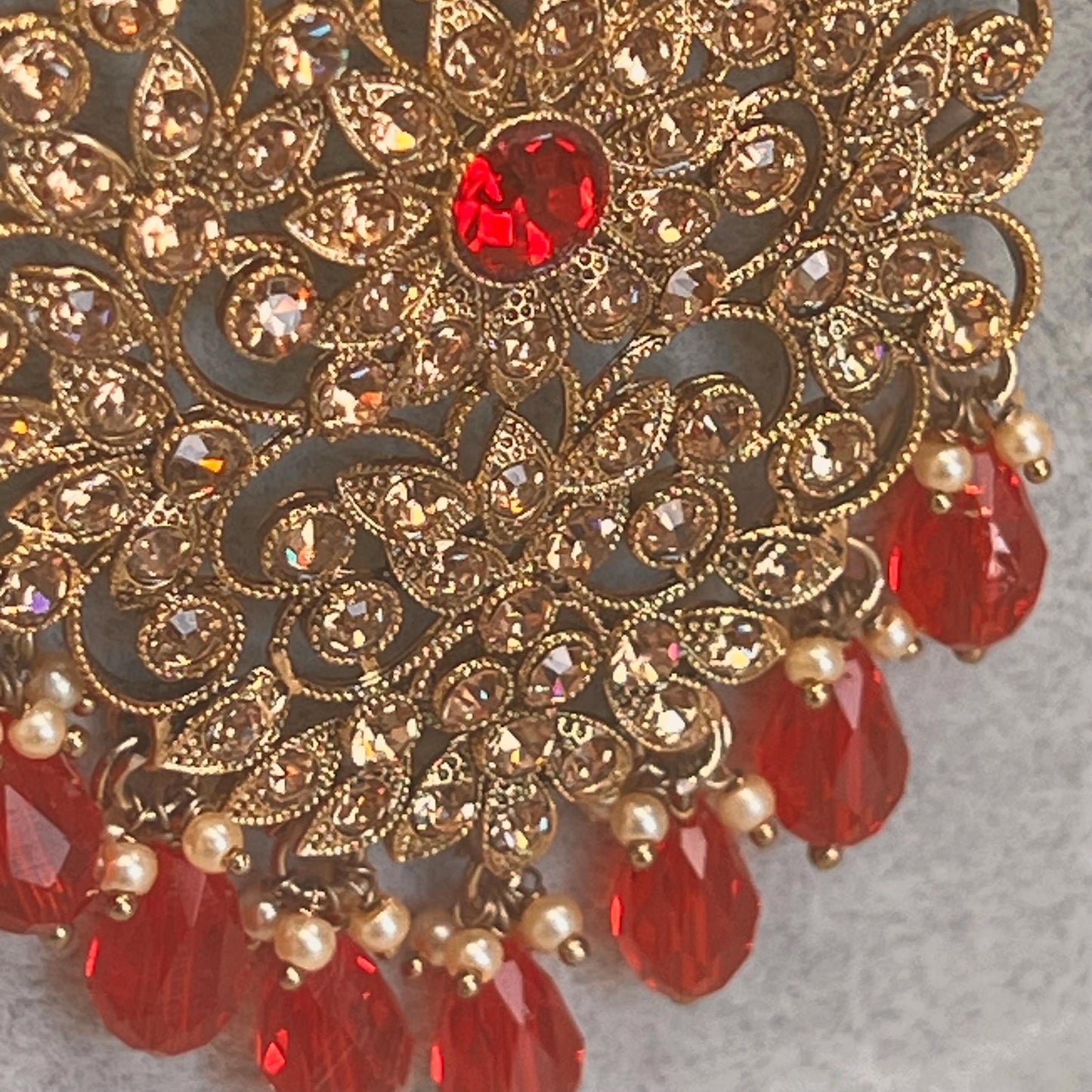 Bridal Red/Golden Long Mala/ Haar/ Long Necklace Set Earring Tikka / Unique Style/ Indian/ Pakistani/Fashion Jewellery/ Gift for her