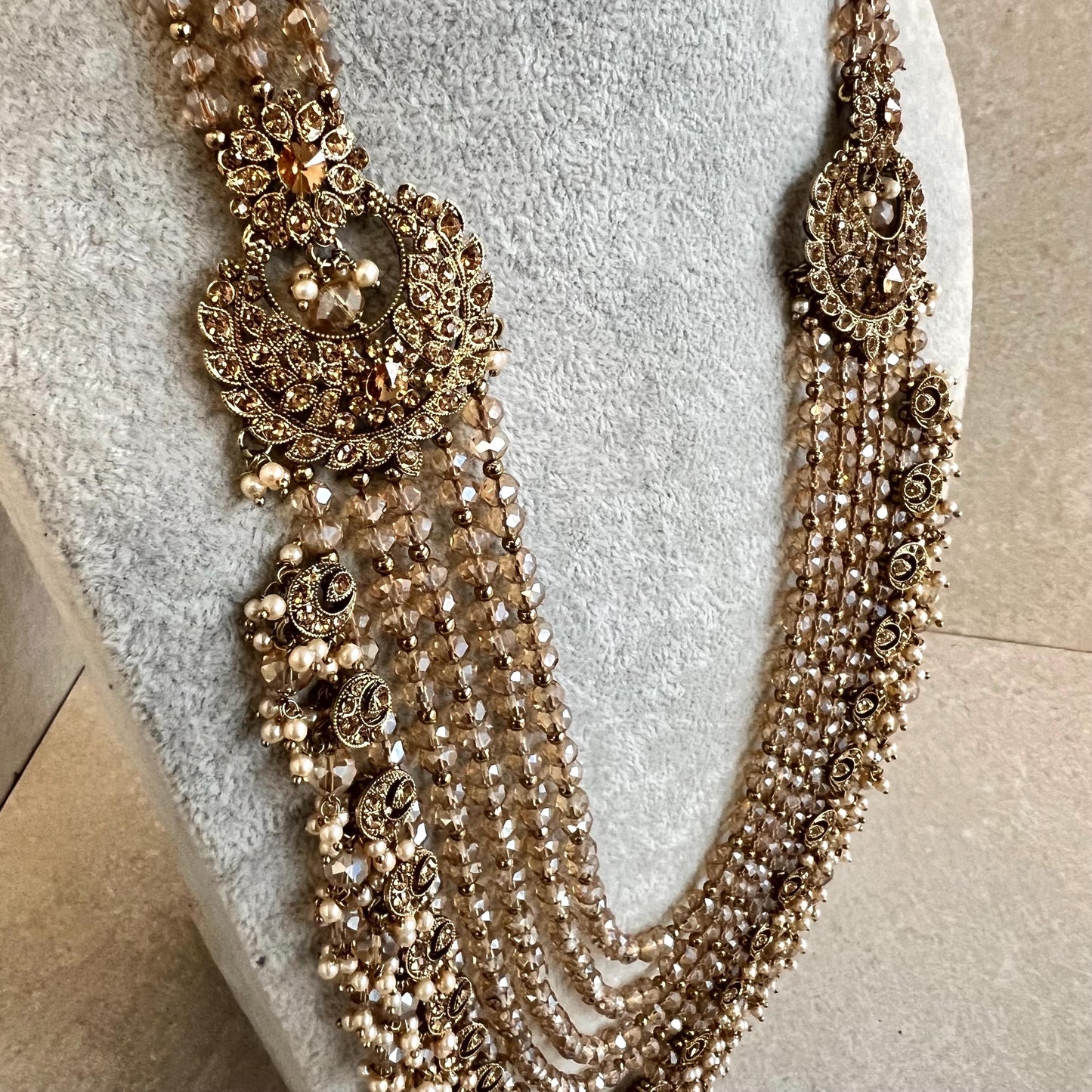 Antique Gold and Champagne Bridal Necklace Indian/ Pakistani Style With Long necklace/ Mala Haar Wedding Guest.