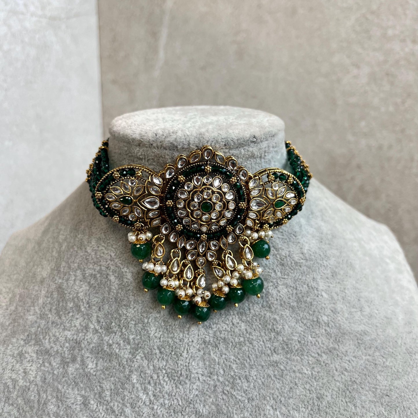 Green Large Faux Kundan Choker Set Earring/ Tikka High Quality Bright Gold Emerald Green Indian Pakistani Bollywood Fashion Jewellery Gift