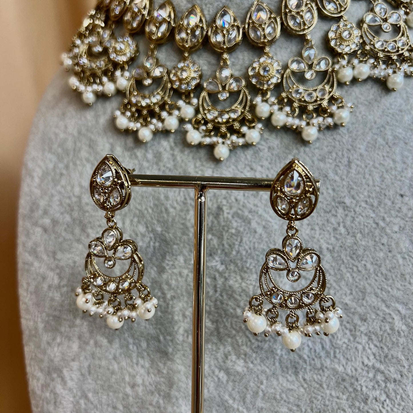 Clear Crystal Indian Necklace set - Indian/ Pakistani Style/Bridal set/Wedding/ Light gold