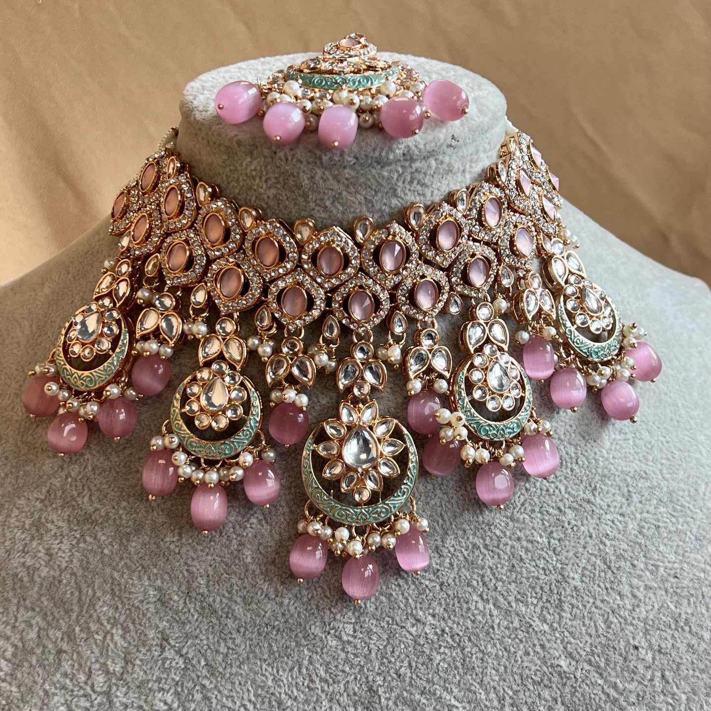 Pastels Pink Faux Kundan Full Bridal Set/Mint & Pink Kundan Choker Set/Faux Kundan Jewellery/ Indian/ Pakistani Style/Bridal Jewellery