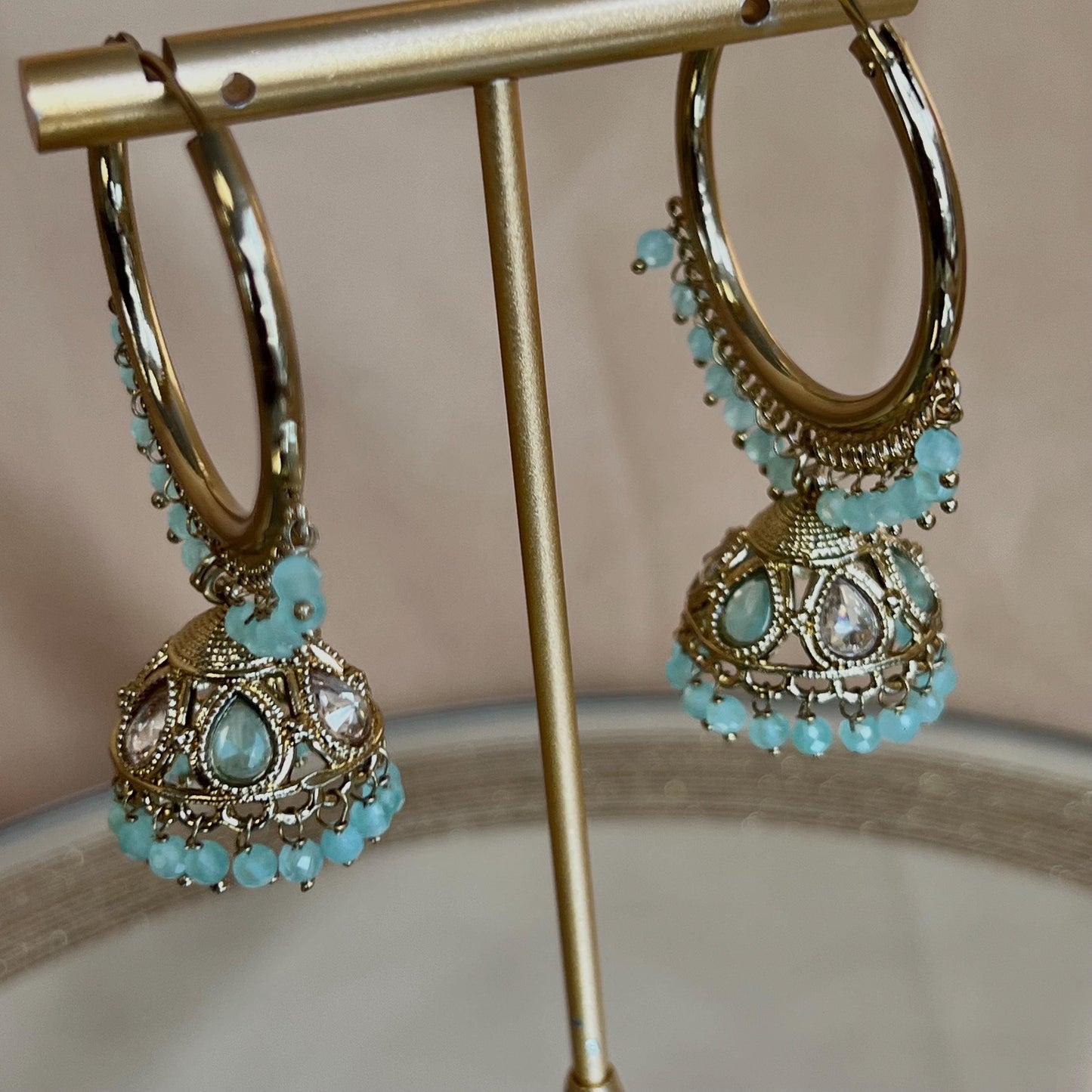 Pierced Antique Gold /Sky Blue Medium Hoop Jhumka Earrings/ Pakistani Fashion/ Gift for Women/Eid Gifts/Jhumka Sale/Earring Sale