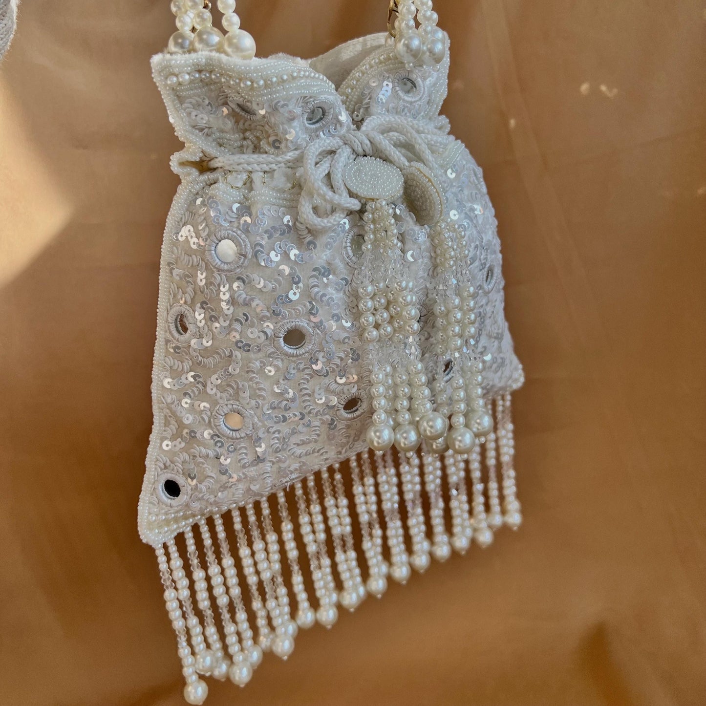 White Mirror Beaded Tasseled Potli Bags/Indian Handmade Traditional Phulkari Potli Bags/Modern Ethnic Mirror Work Potli Bags/White Bags