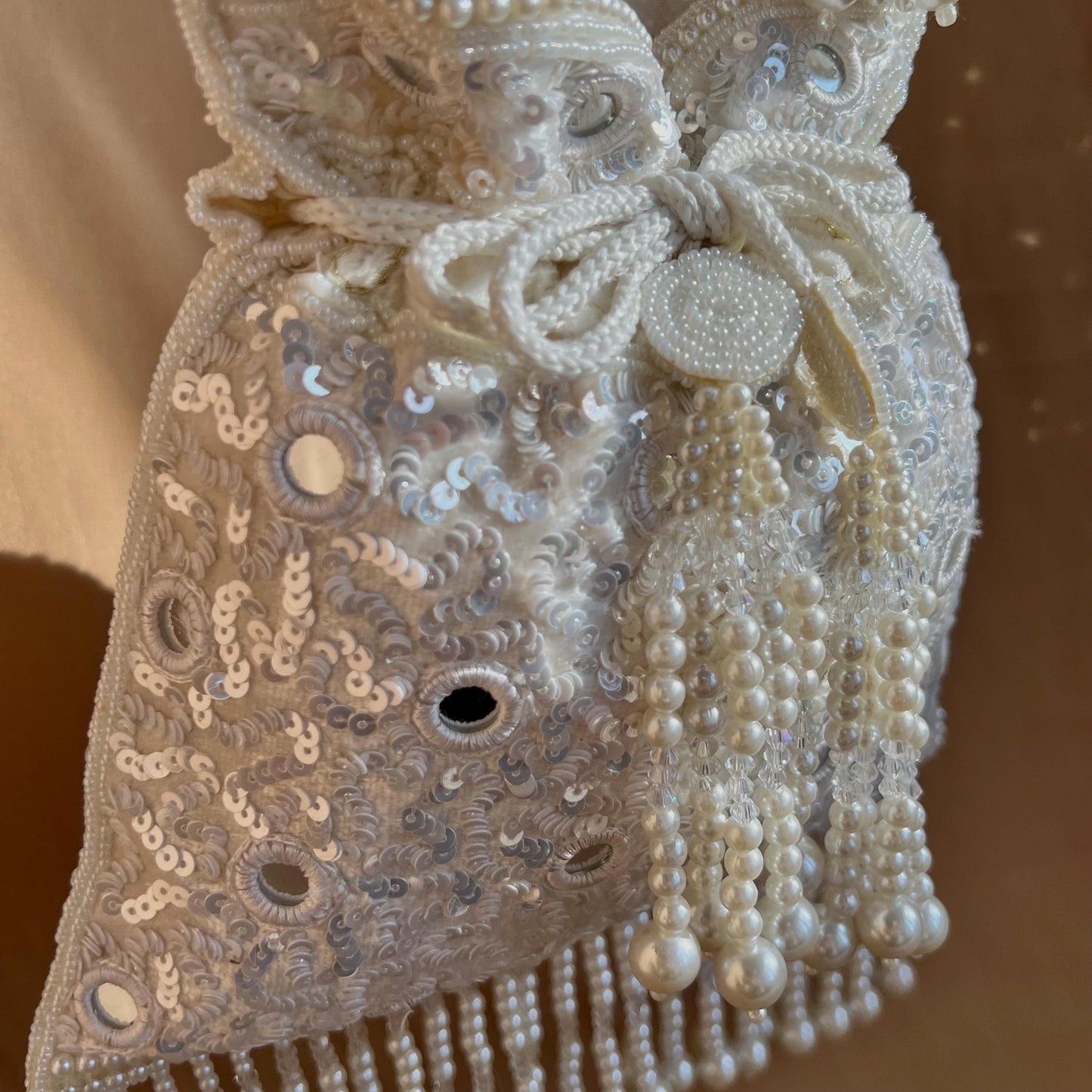 White Mirror Beaded Tasseled Potli Bags/Indian Handmade Traditional Phulkari Potli Bags/Modern Ethnic Mirror Work Potli Bags/White Bags