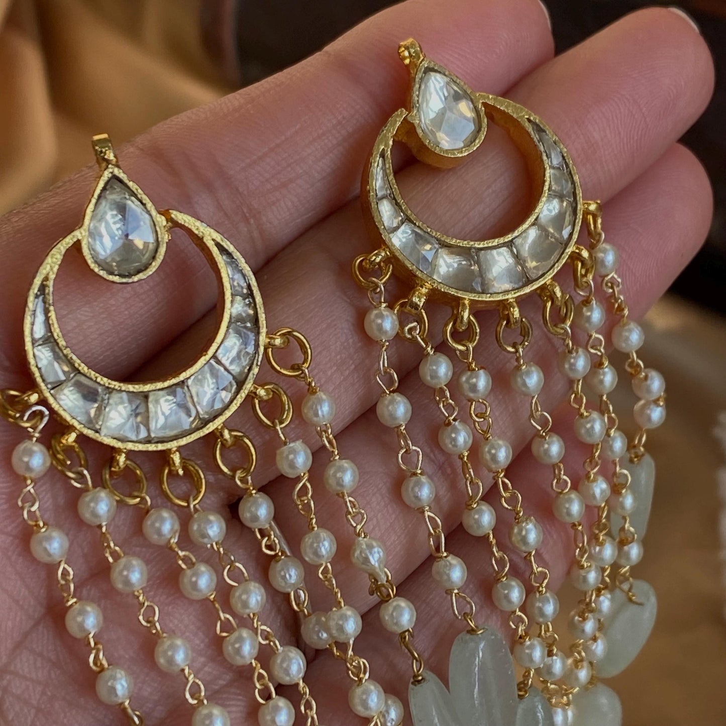 Handcrafted Gold Clear and Jade Green Indian Kundan Earrings - Traditional Bridal Jewelry High Quality