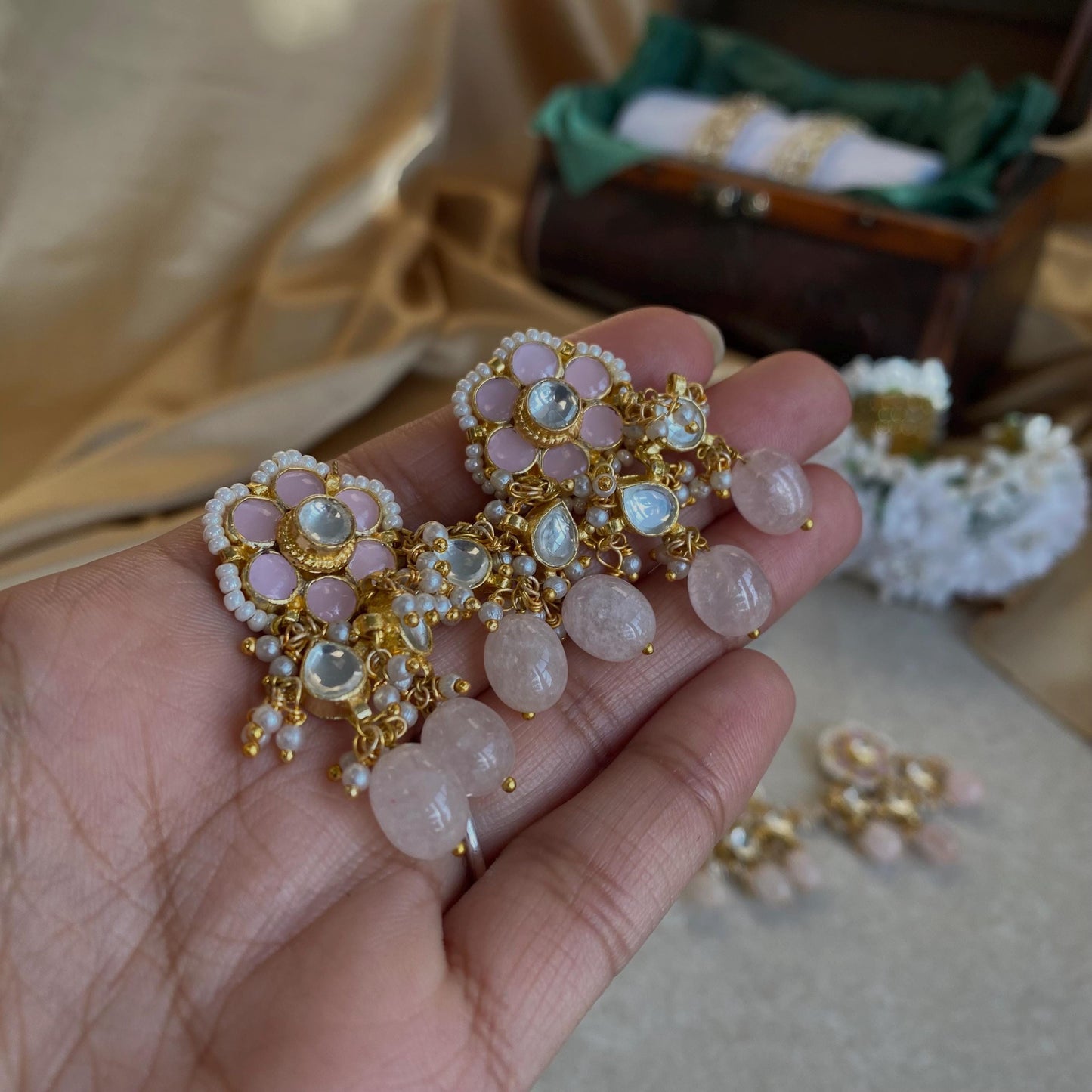 Kundan Pink Flower Stud Earrings with Small White Pearl Beads - Traditional Indian Jewelry