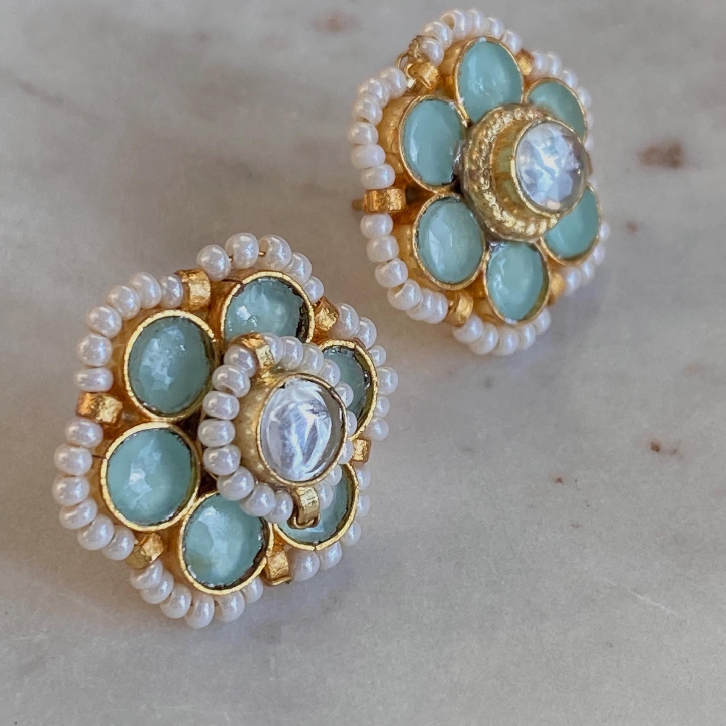 Kundan Mint Green & Small Pearl Stud Earrings - 0.5 Inch, Elegant Traditional Jewelry Indian Pakistani High Quality Cute Gift