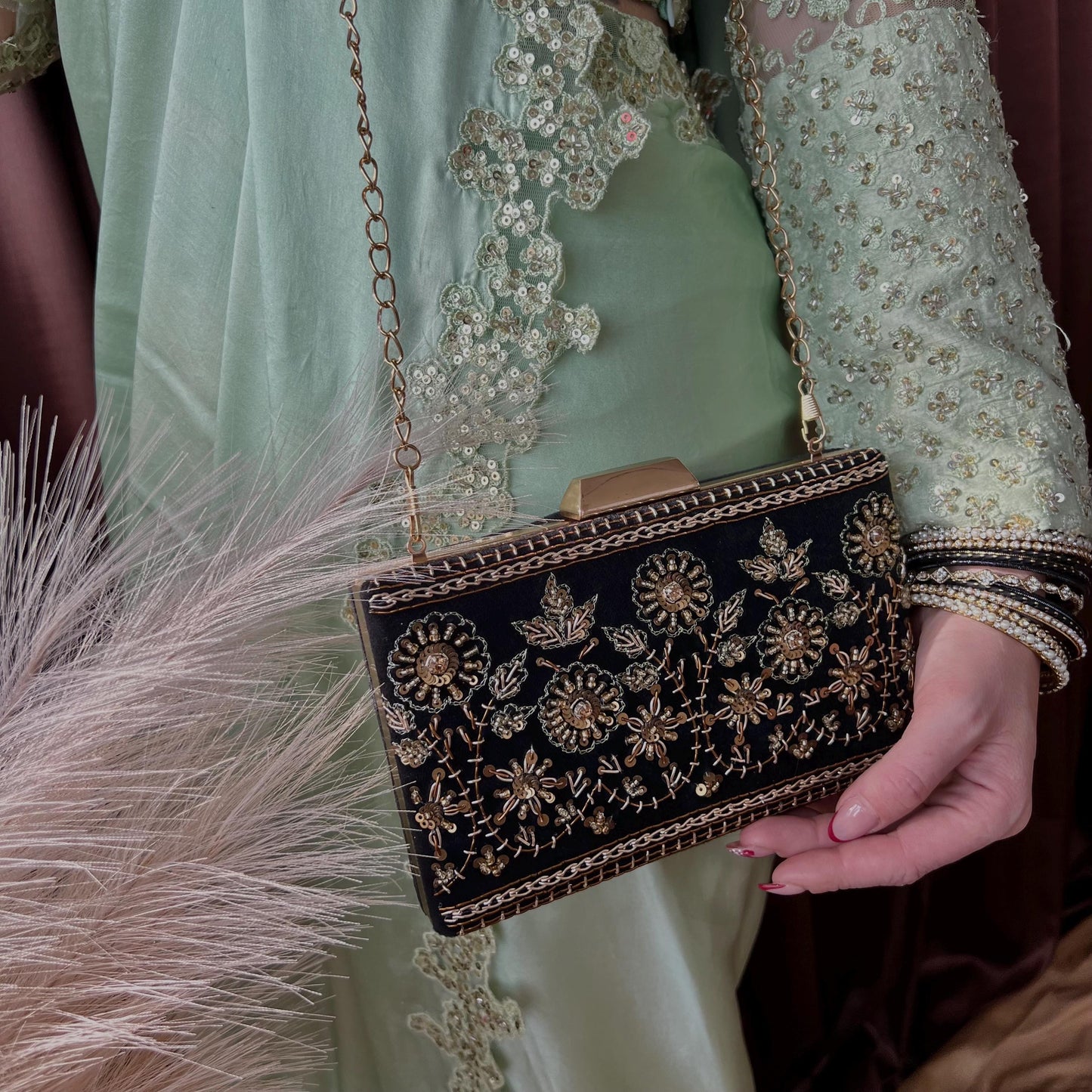 Black Antique Gold Embellished Handcrafted Clutch Bag/Embroidered Clutch Bag/Gifts/Black Hand Bags/Evening Clutch Bag/Purse