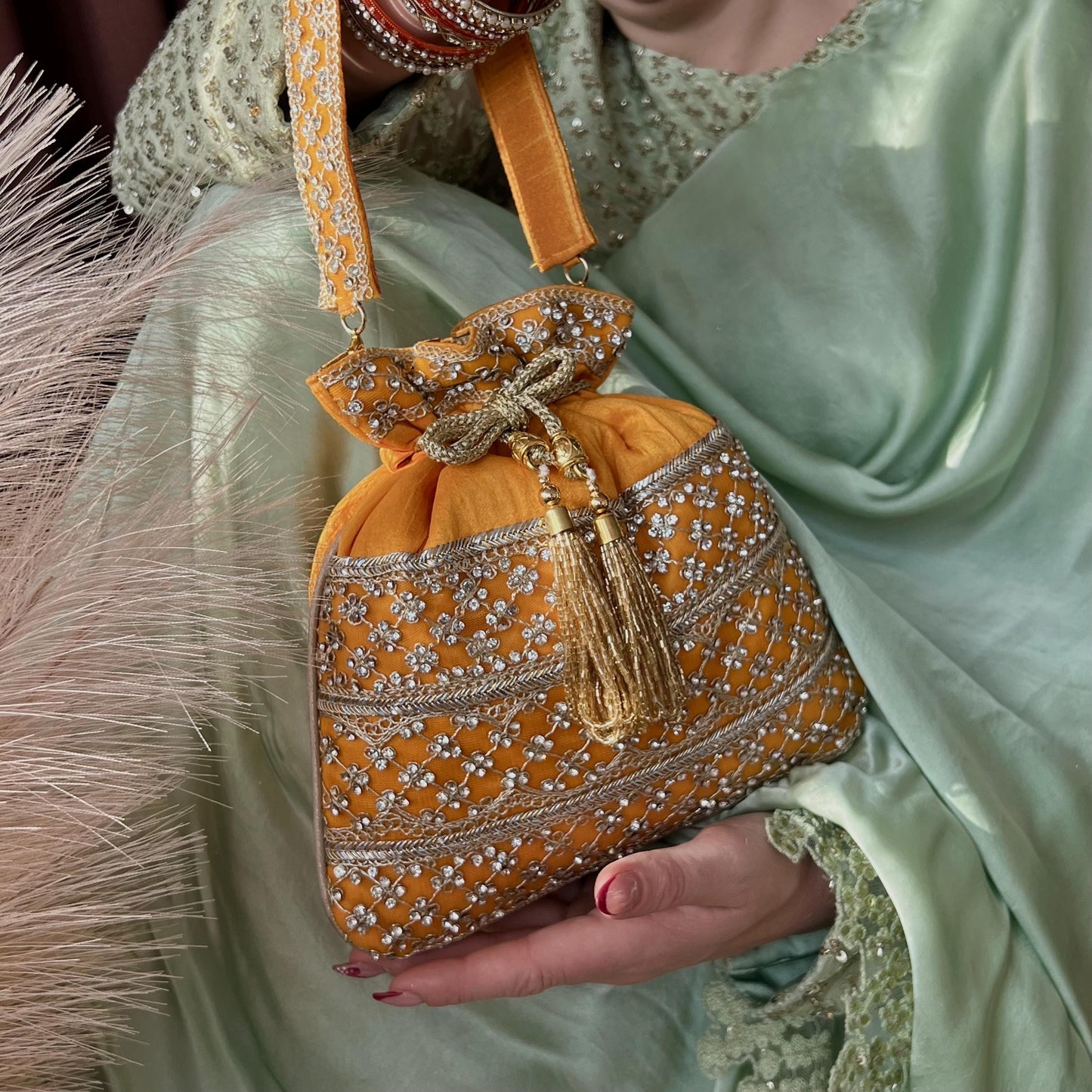 Yellow Silk Stonework Clear Potli Bags/Indian Handmade Traditional Phulkari Potli Bags/Modern Ethnic Mirror Work Potli Bags