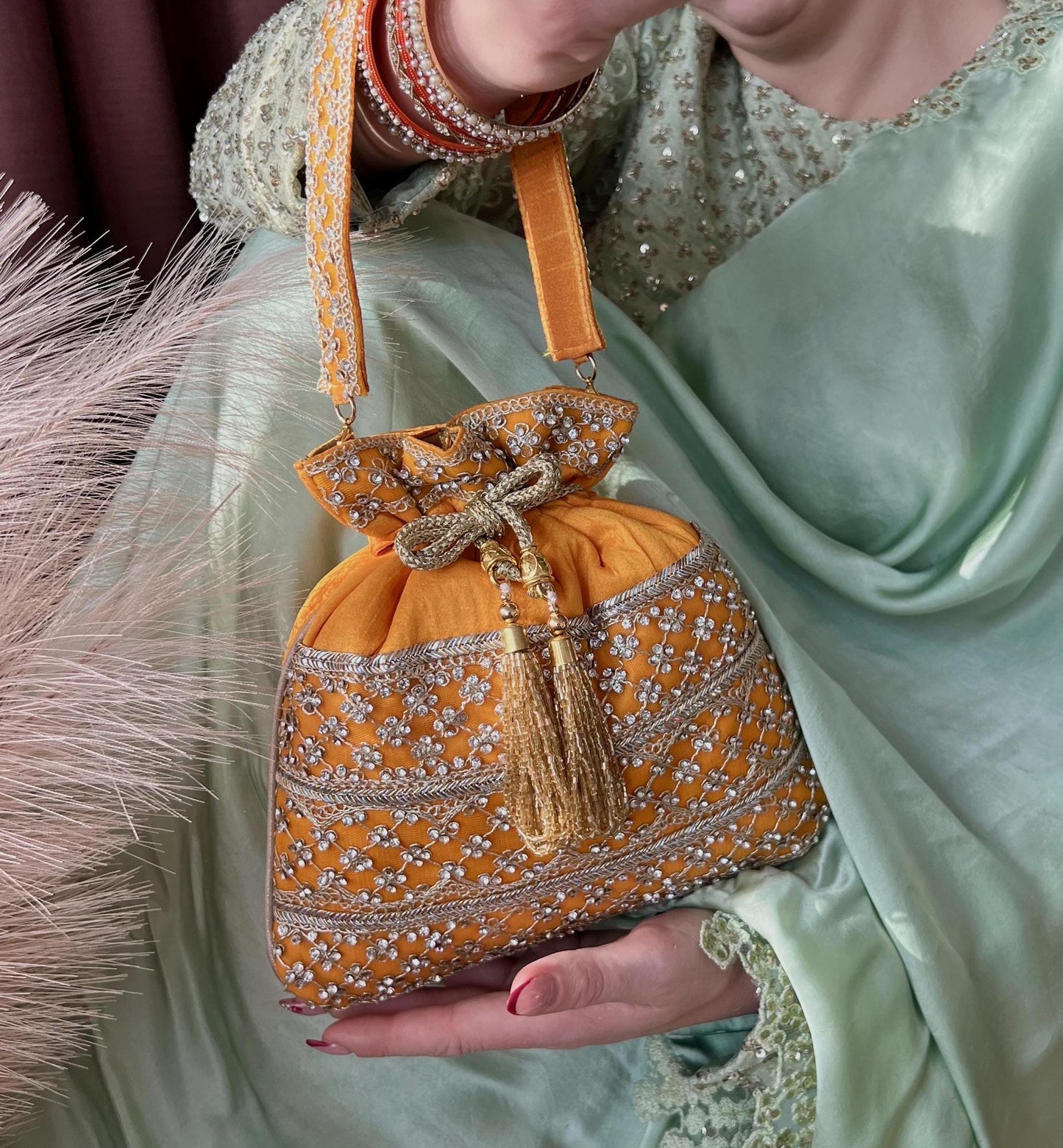 Yellow Silk Stonework Clear Potli Bags/Indian Handmade Traditional Phulkari Potli Bags/Modern Ethnic Mirror Work Potli Bags