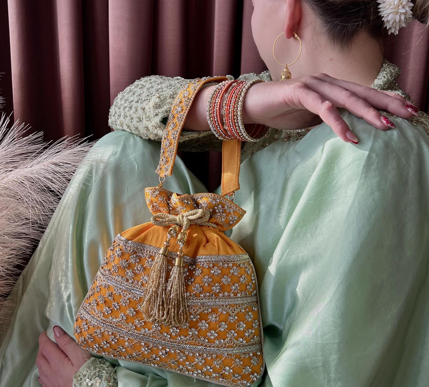 Yellow Silk Stonework Clear Potli Bags/Indian Handmade Traditional Phulkari Potli Bags/Modern Ethnic Mirror Work Potli Bags