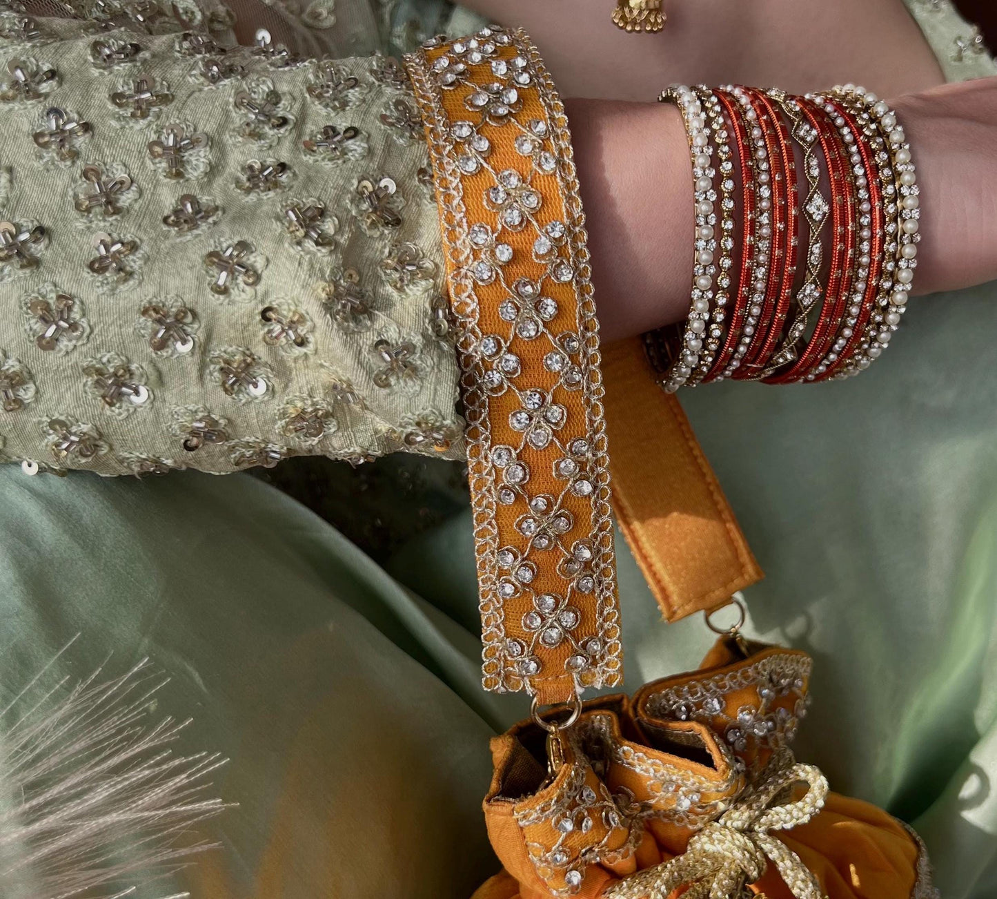 Yellow Silk Stonework Clear Potli Bags/Indian Handmade Traditional Phulkari Potli Bags/Modern Ethnic Mirror Work Potli Bags