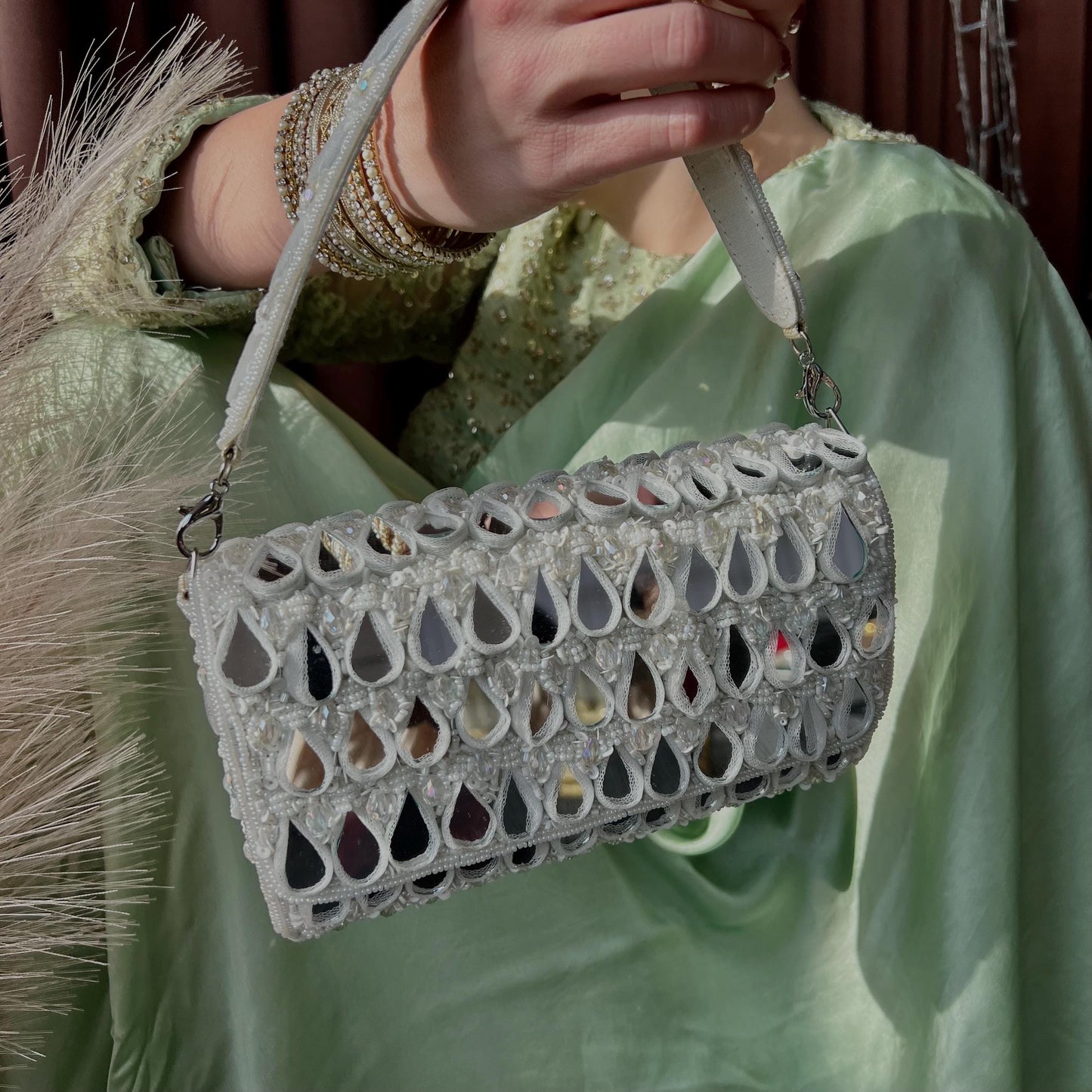 White Mirror Beaded Tasseled Potli Bags/Indian Handmade Traditional Phulkari Potli Bags/Modern Ethnic Mirror Work Potli Bags/White Bags