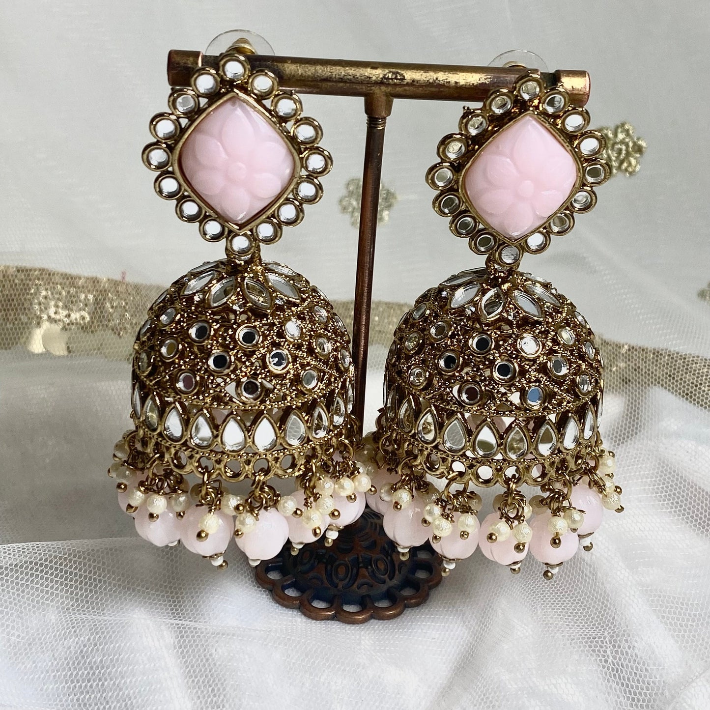 Peach Large Mirror Jhumka Earrings