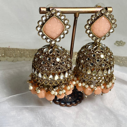Peach Large Mirror Jhumka Earrings
