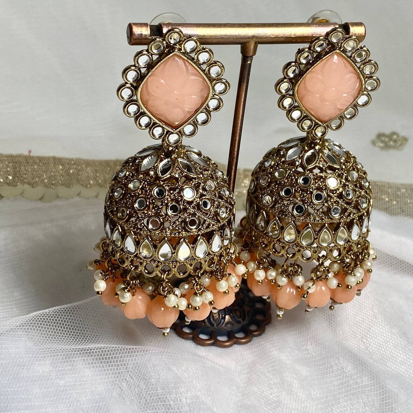 Peach Large Mirror Jhumka Earrings