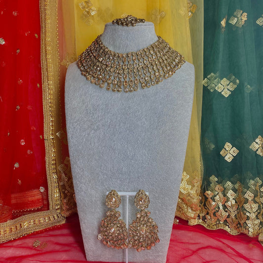 Antique gold & champagne Bridal necklace set Indian/ Pakistani Style/Wedding/Earring/Tikka