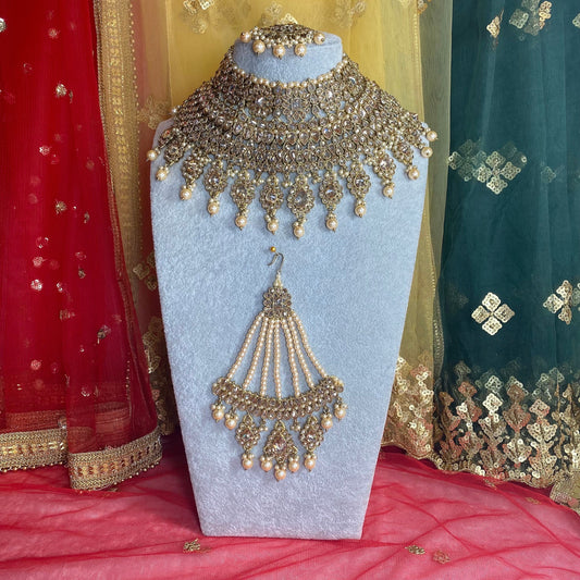 Antique Gold Crystal Full Bridal Set With Jhumar  Indian/ Pakistani Style/ Wedding/ Fashion Jewellery/ Necklace set