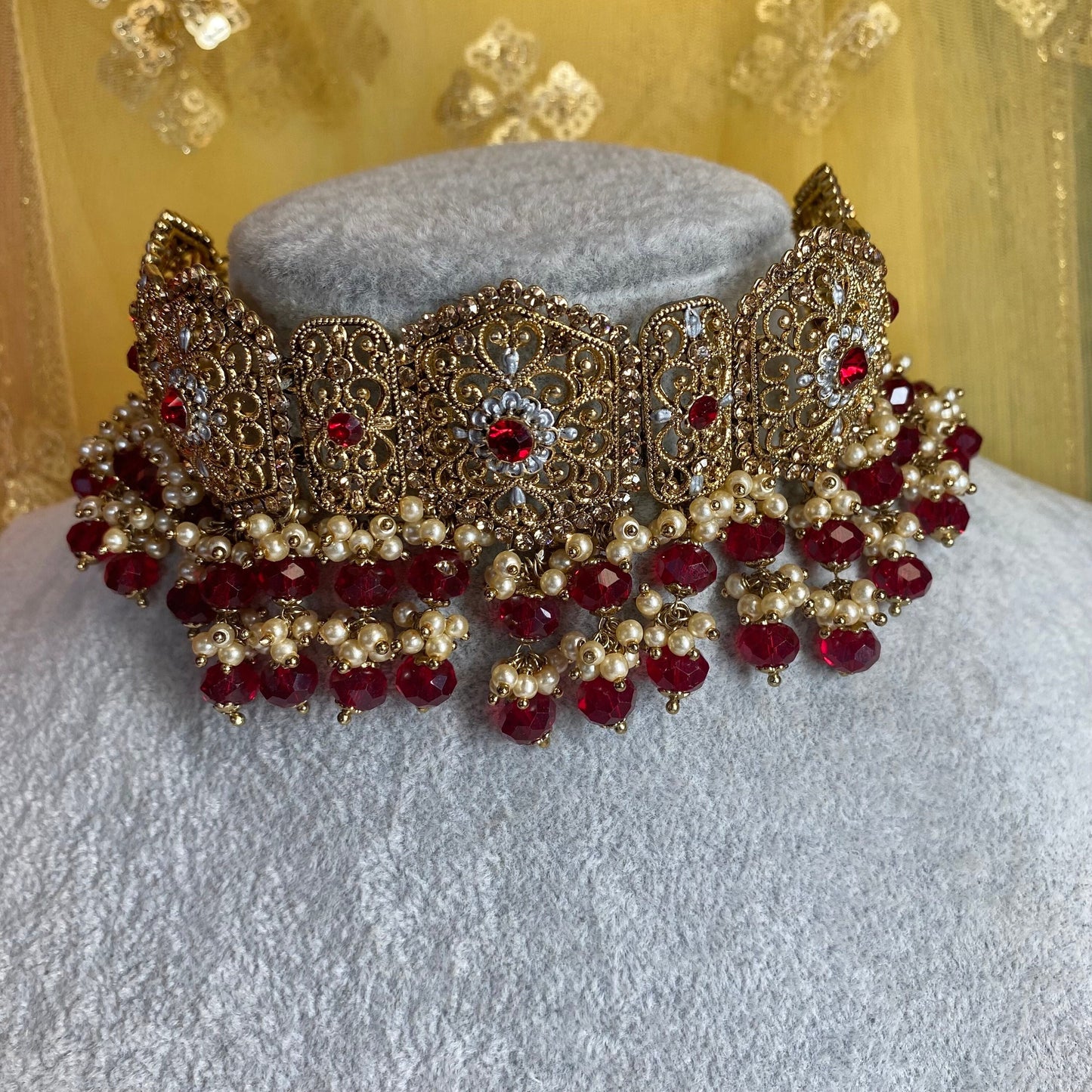 Maroon & Antique Gold Choker Set