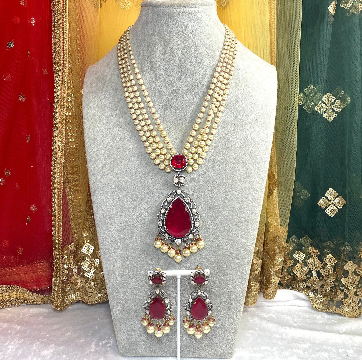 Ruby long necklace set - pearl Earring/ Tikka/ Tikli/ Indian/ Pakistani/Fashion Jewellery/ Gift for Women
