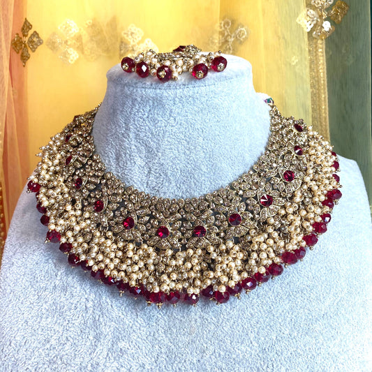 Maroon bridal necklace set Indian/ Pakistani Style/ Wedding/ Fashion Jewellery/ Necklace set