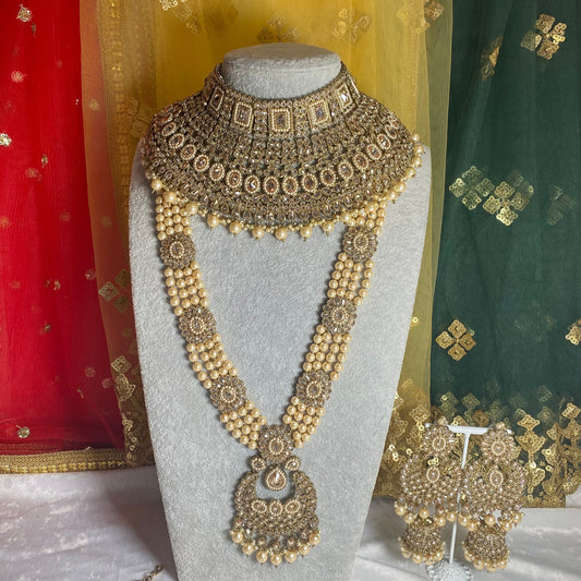 Antique Gold and Champagne Full Bridal set Indian/ Pakistani Style/ Wedding/ Fashion Jewellery/ Necklace set