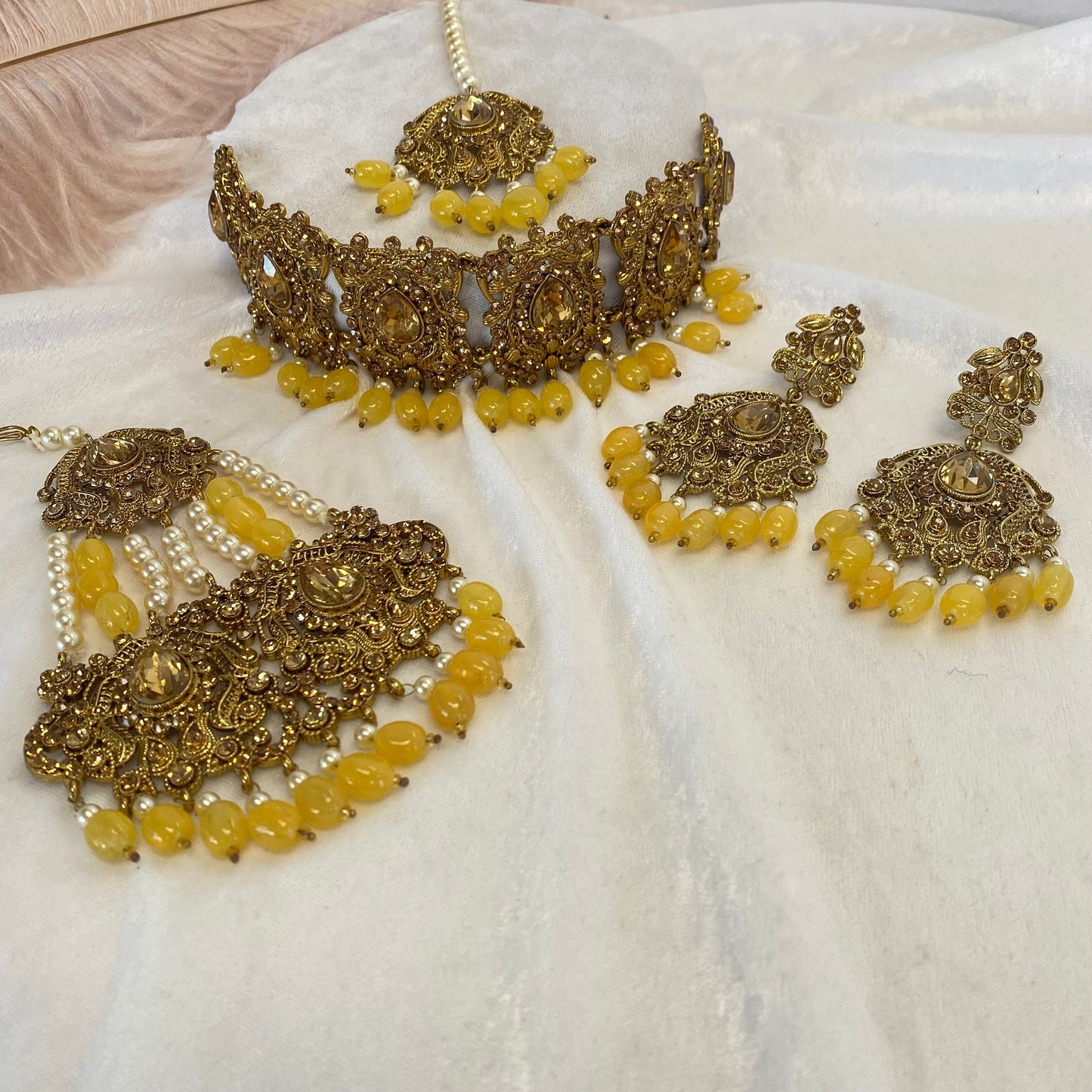 Golden and Yellow Bead Choker Indian/ Pakistani Style With Jhumar/ Wedding/ Fashion Jewellery/ Necklace set