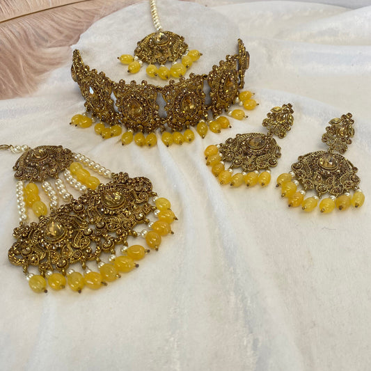 Golden and Yellow Bead Choker Indian/ Pakistani Style With Jhumar/ Wedding/ Fashion Jewellery/ Necklace set