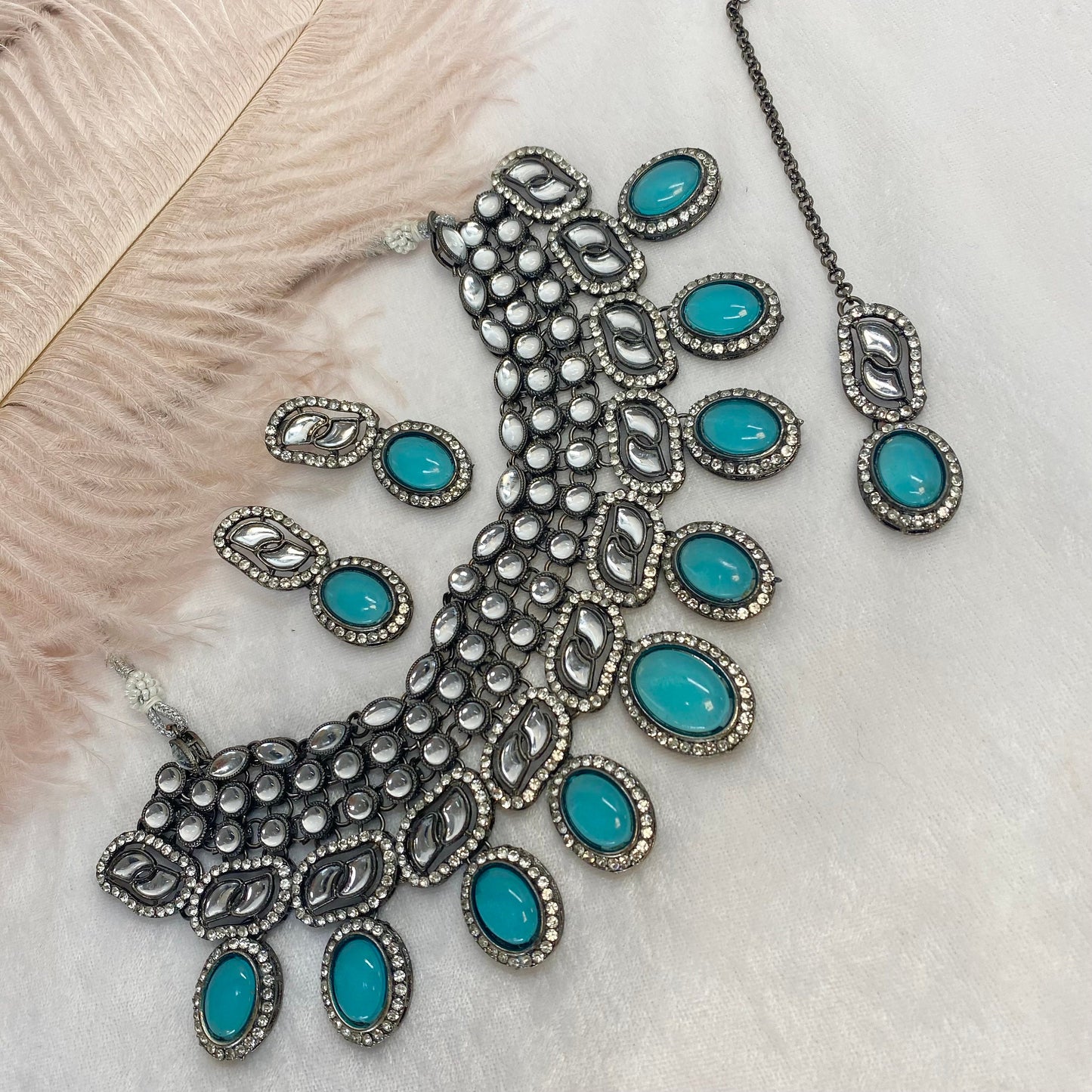 Black and Silver Faux Kundan Necklace Set Earring/ Tikka/ Tikli/ Indian/ Pakistani/Fashion Jewellery/ Gift for Women