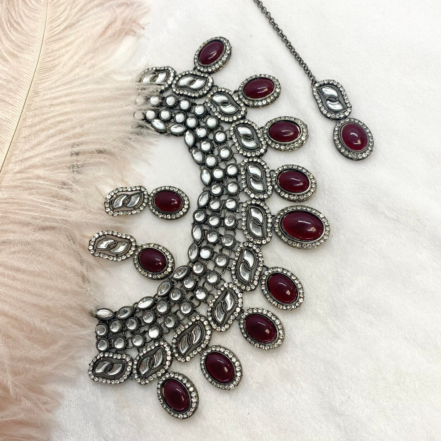 Black and Silver Faux Kundan Necklace Set Earring/ Tikka/ Tikli/ Indian/ Pakistani/Fashion Jewellery/ Gift for Women