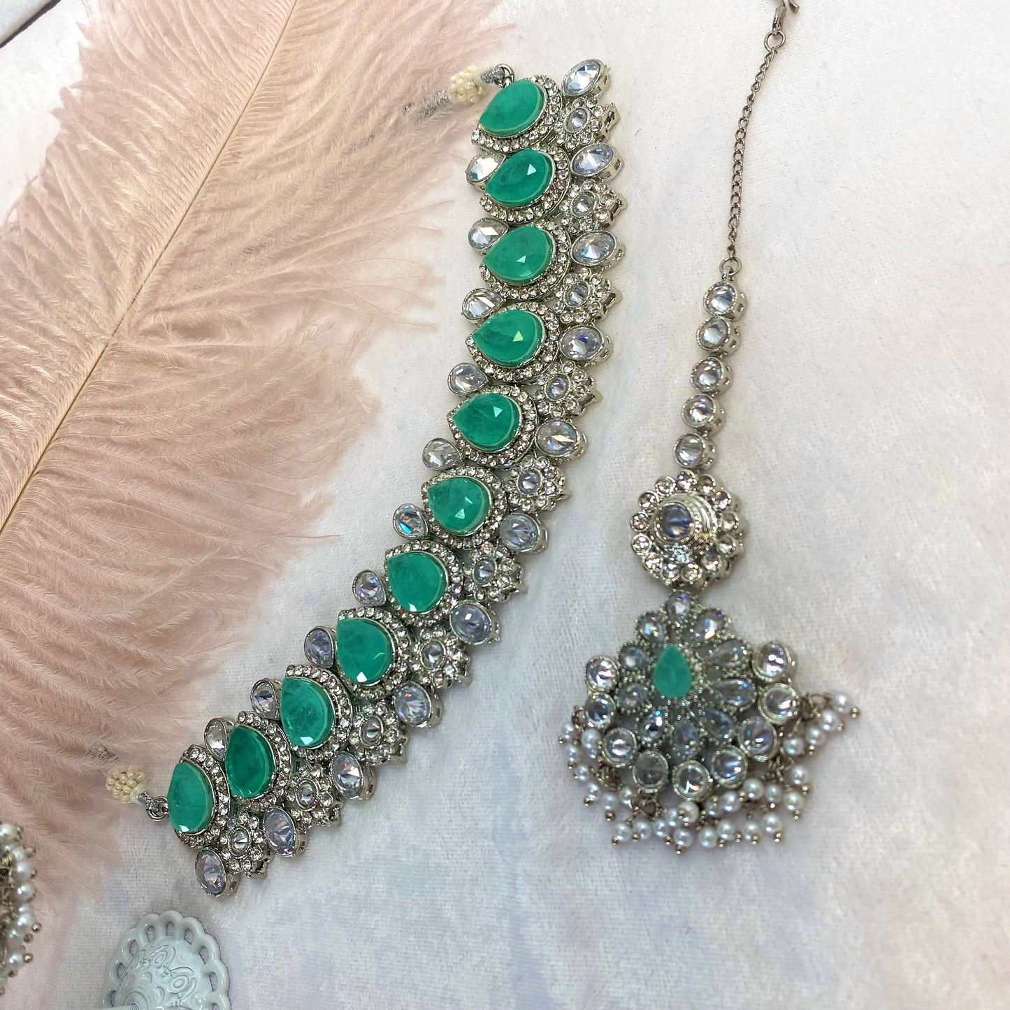 Silver and Mint Bridal Choker Set Indian/ Pakistani Style/ Wedding/ Fashion Jewellery/ Necklace set