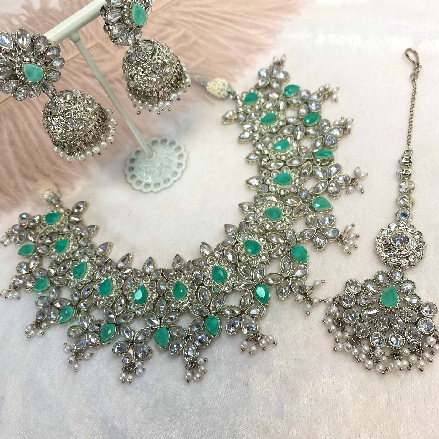 Silver and Mint Bridal Choker Set Indian/ Pakistani Style/ Wedding/ Fashion Jewellery/ Necklace set
