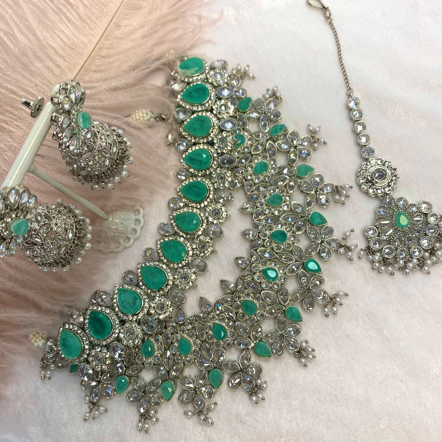 Silver and Mint Bridal Choker Set Indian/ Pakistani Style/ Wedding/ Fashion Jewellery/ Necklace set