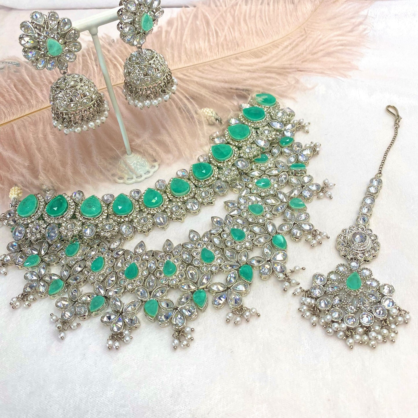 Silver and Mint Bridal Choker Set Indian/ Pakistani Style/ Wedding/ Fashion Jewellery/ Necklace set